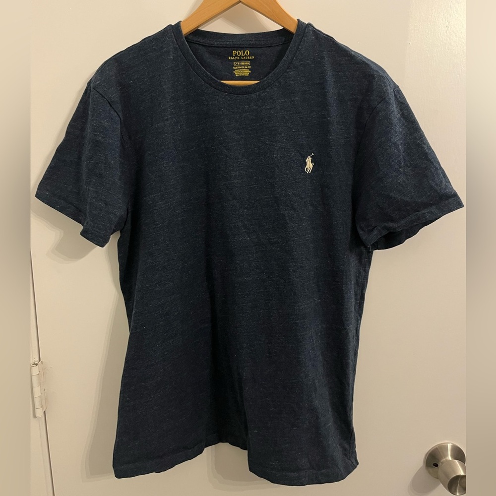 Polo Ralph Lauren T Shirt Mens Large Slim Fit Blue Short Sleeve White Pony Logo